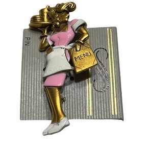 Vintage A.J.C. Gold Tone Pink Waitress Menu Brooch NWT